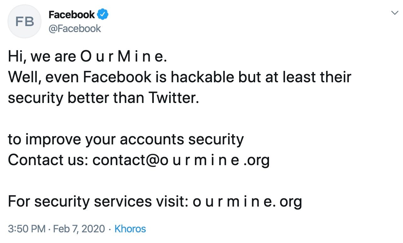 OurMine, a hacker group, briefly took control of Facebook's Twitter account.