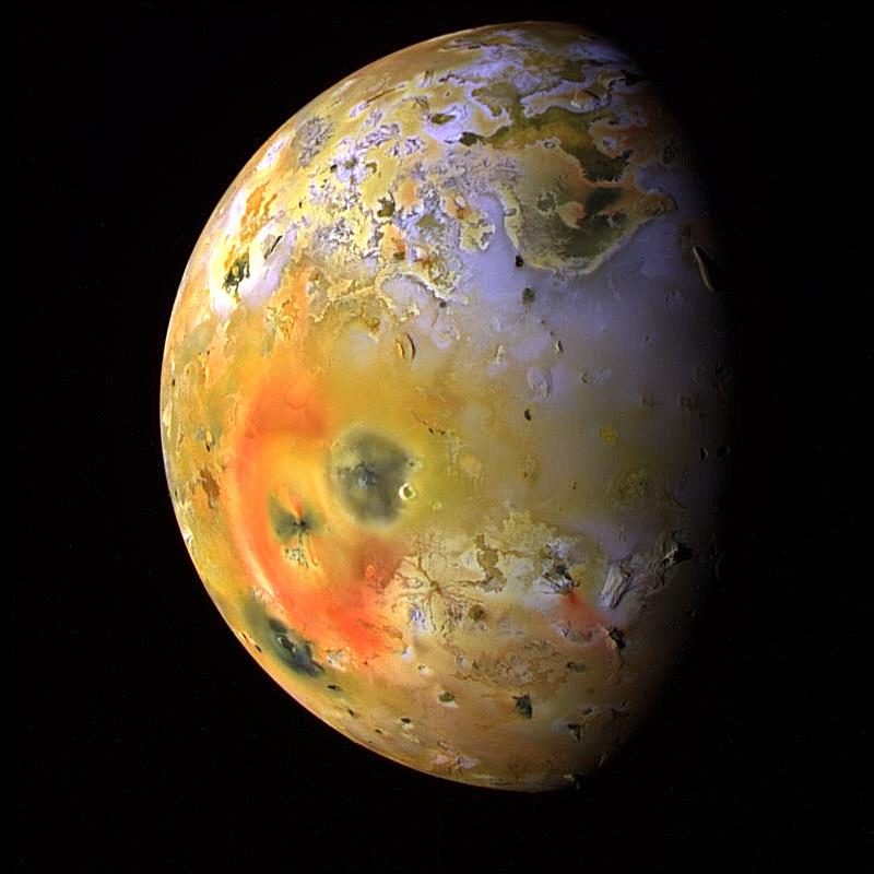 This global view of Jupiter's moon, Io, was obtained during the tenth orbit of Jupiter by NASA's Galileo spacecraft.