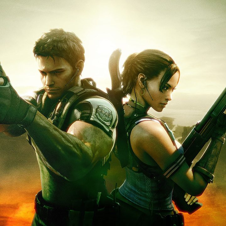 Resident Evil 5's heroes stand back to back.