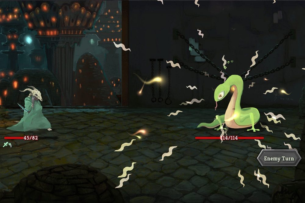 A sneko enemy debuffing the watcher in Slay the spire.