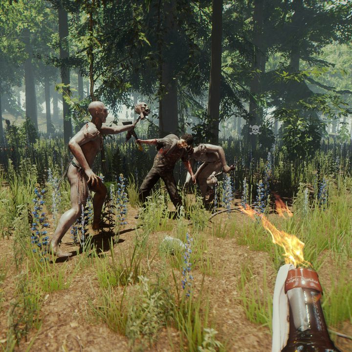 Three cannibals attacking a guy with a molotov.