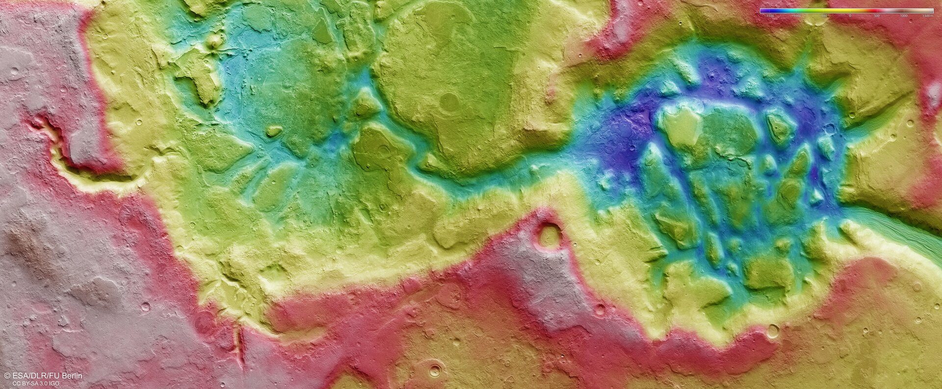 This colour-coded topographic image shows a region of Mars’ surface named Nilosyrtis Mensae, based on data gathered by the Mars Express High Resolution Stereo Camera on 29 September 2019 during orbit 19908.