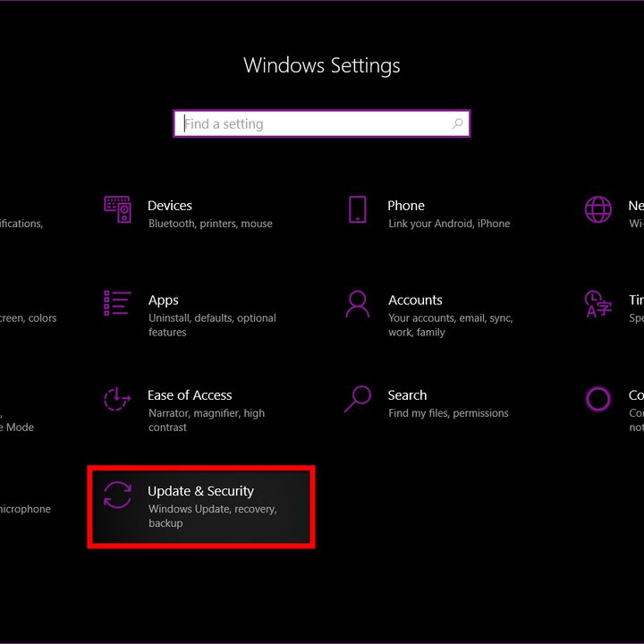 Windows update settings menu.