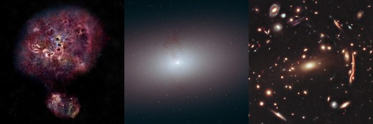 This image set shows the possible evolution of XMM-2599, from a massive, dusty, star-forming galaxy (left), to an inactive red galaxy (center), and then perhaps turning into a bright cluster galaxy (right).