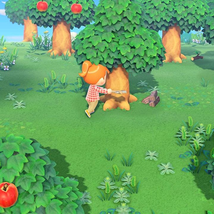 A villager in flannel chopping down a tree.