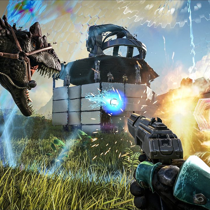 Shooting a forcefield with a Trex roaring.