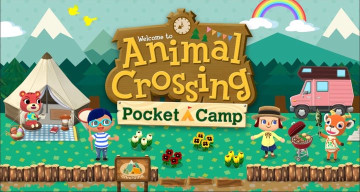 Animal Crossing Pocket Camp logo over a camp with a tent, a van, and some villagers.