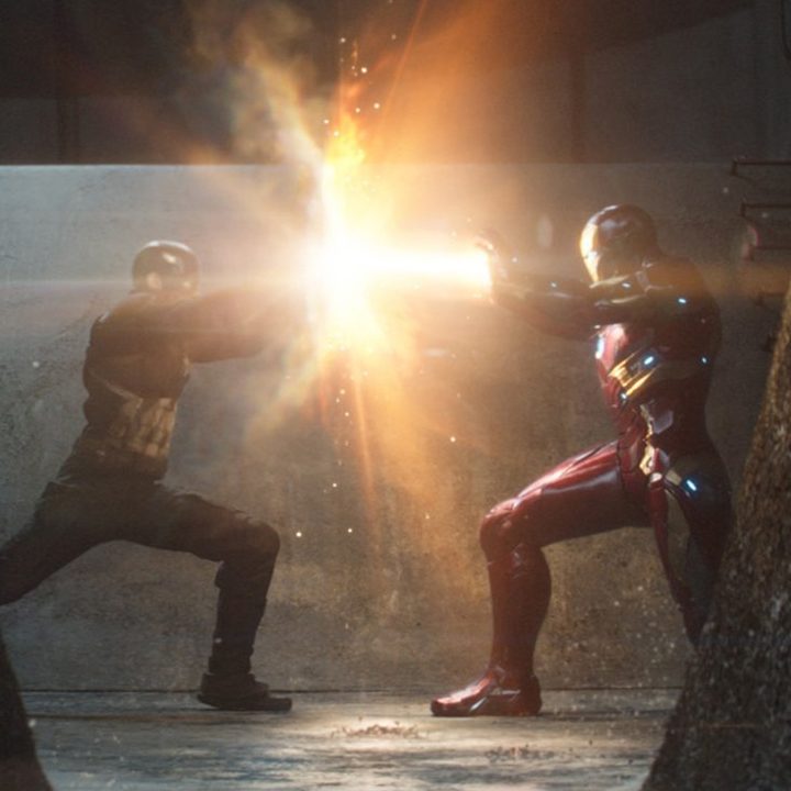 Captain America and Iron Man fighting in Captain America: Civil War.