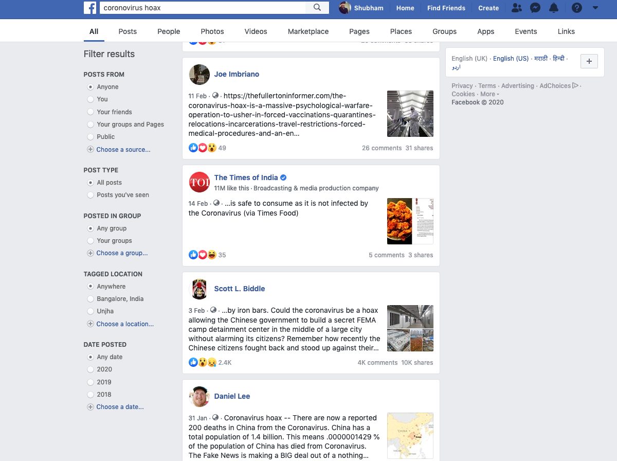 Coronavirus hoax misinformation Facebook
