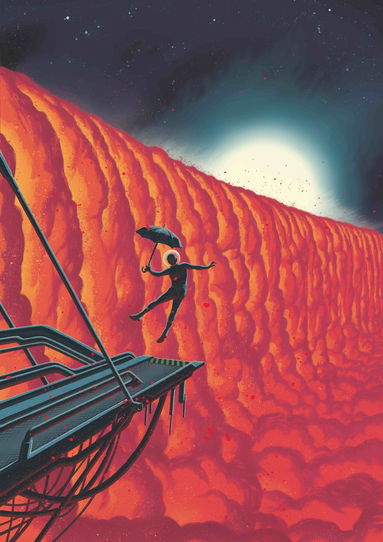This comic-book-style illustration by Swiss graphic novelist Frederik Peeters shows a close-up view of the evening border of the exoplanet WASP-76b. The ultra-hot giant exoplanet has a day side where temperatures climb above 2400 degrees Celsius, high enough to vaporise metals. Strong winds carry iron vapour to the cooler night side where it condenses into iron droplets.
