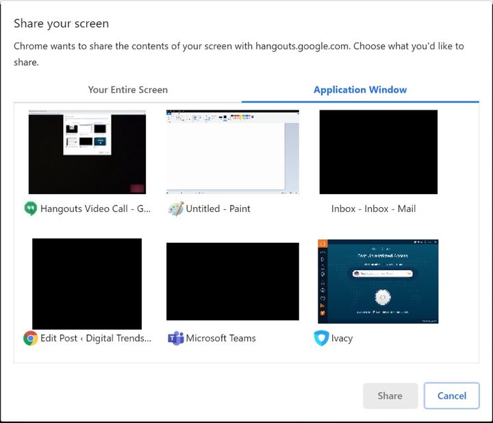 Google Hangouts Screen Sharing options