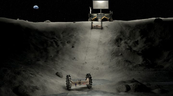 Illustration of power, lighting and roving concepts operating in a lunar crater.