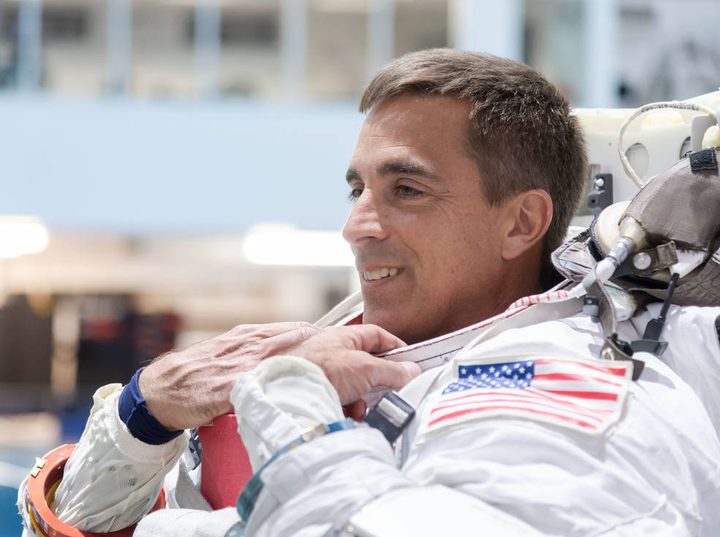 NASA astronaut Chris Cassidy suits up for spacewalk training at the Neutral Buoyancy Lab at NASA’s Johnson Space Center in Houston in preparation for his upcoming Expedition 63 mission to the International Space Station