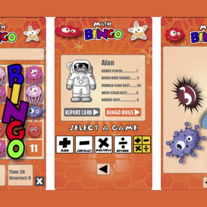 Math Bingo app homepage showing bingo screen with cartoons.