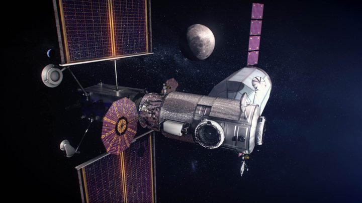Artist's visualization of the Gateway spacecraft with scientific instruments aboard.