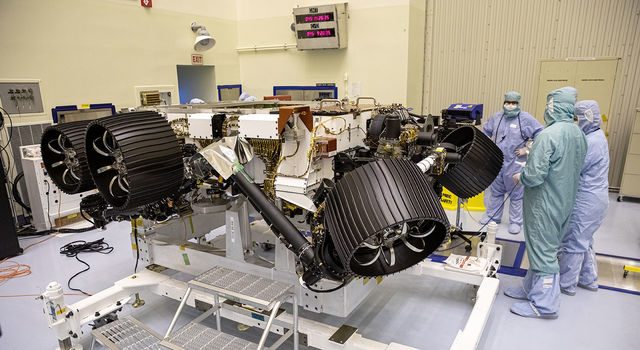 NASA's Mars 2020 rover, now called Perseverance, undergoes processing at a payload servicing facility at NASA's Kennedy Space Center on Feb. 14, 2020.