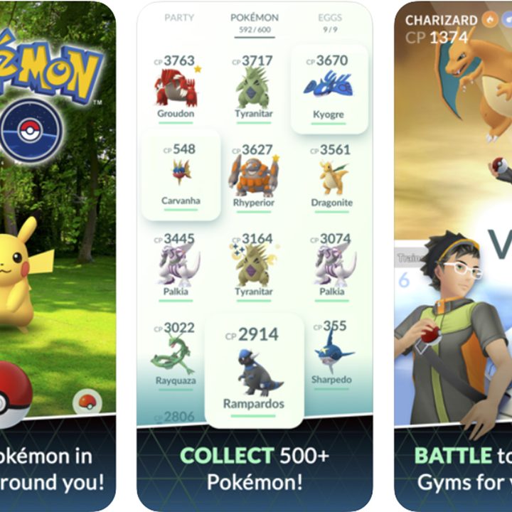 Pokemon Go app showing pokemons and teams.