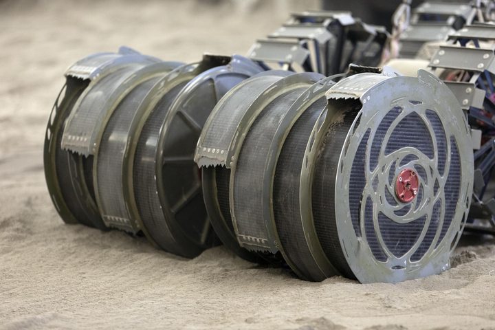 A close-up view of the bucket drums on Regolith Advanced Surface Systems Operations Robot (RASSOR) in the regolith bin inside Swamp Works at NASA’s Kennedy Space Center in Florida on June 5, 2019.