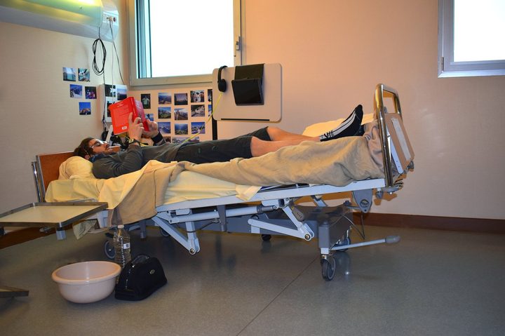 Bedrest volunteer during a study at the MEDES space clinic in Toulouse, France.