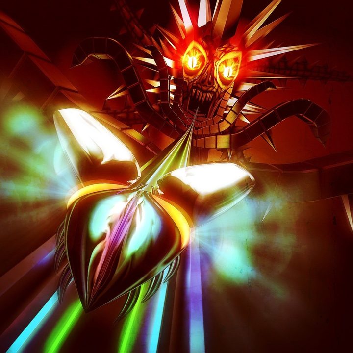 A metal beetle flying towards a scary face.