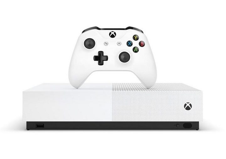 A controller resting on an Xbox One S All Digital.