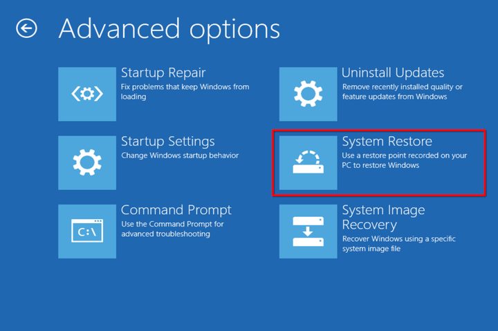 Advanced Options System Restore