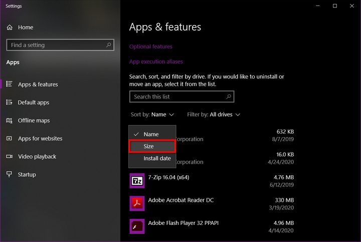 Arrange Apps and Features By Size