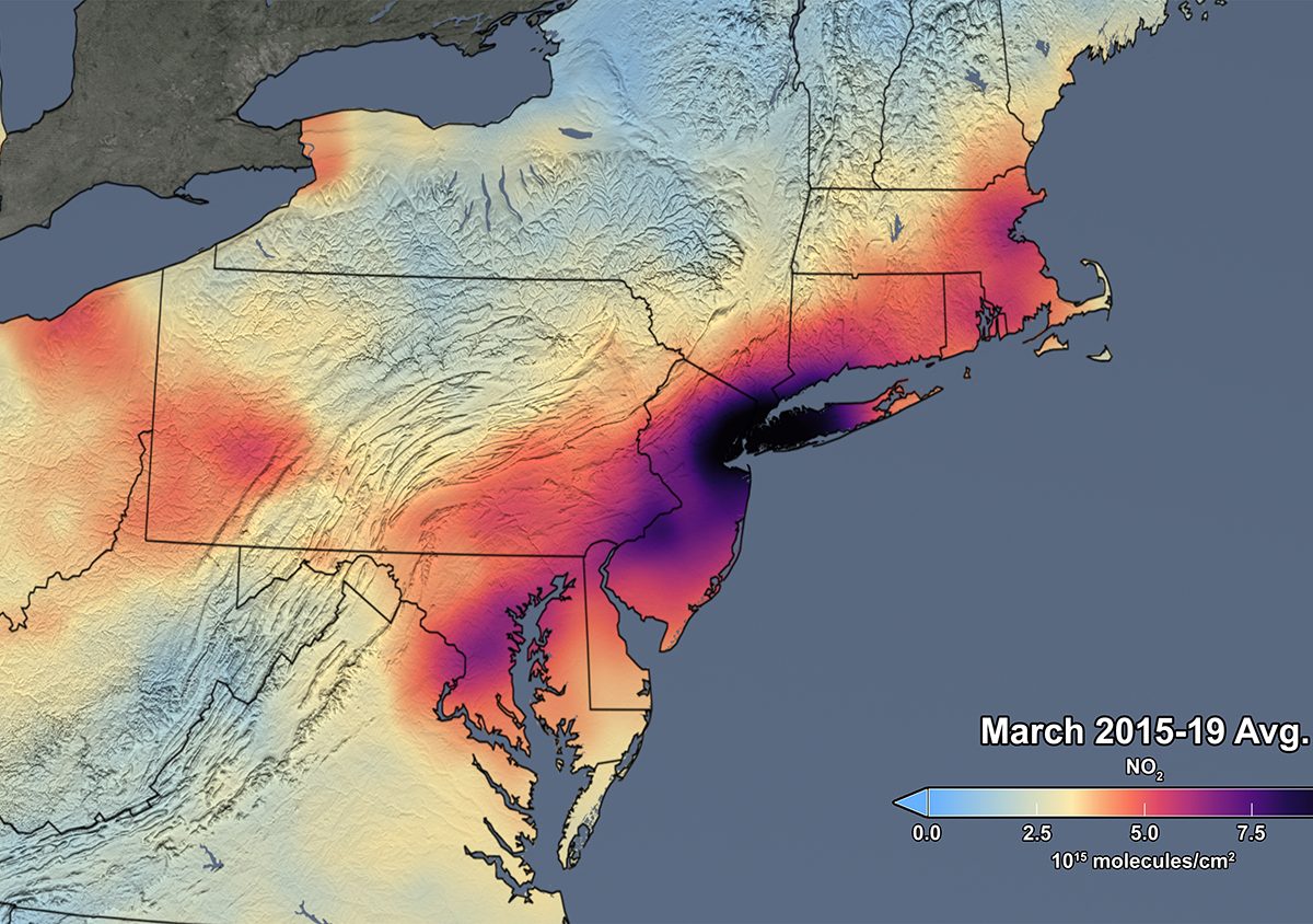 Average levels of nitrogen dioxide in March of 2015-19 in the Northeast U.S.