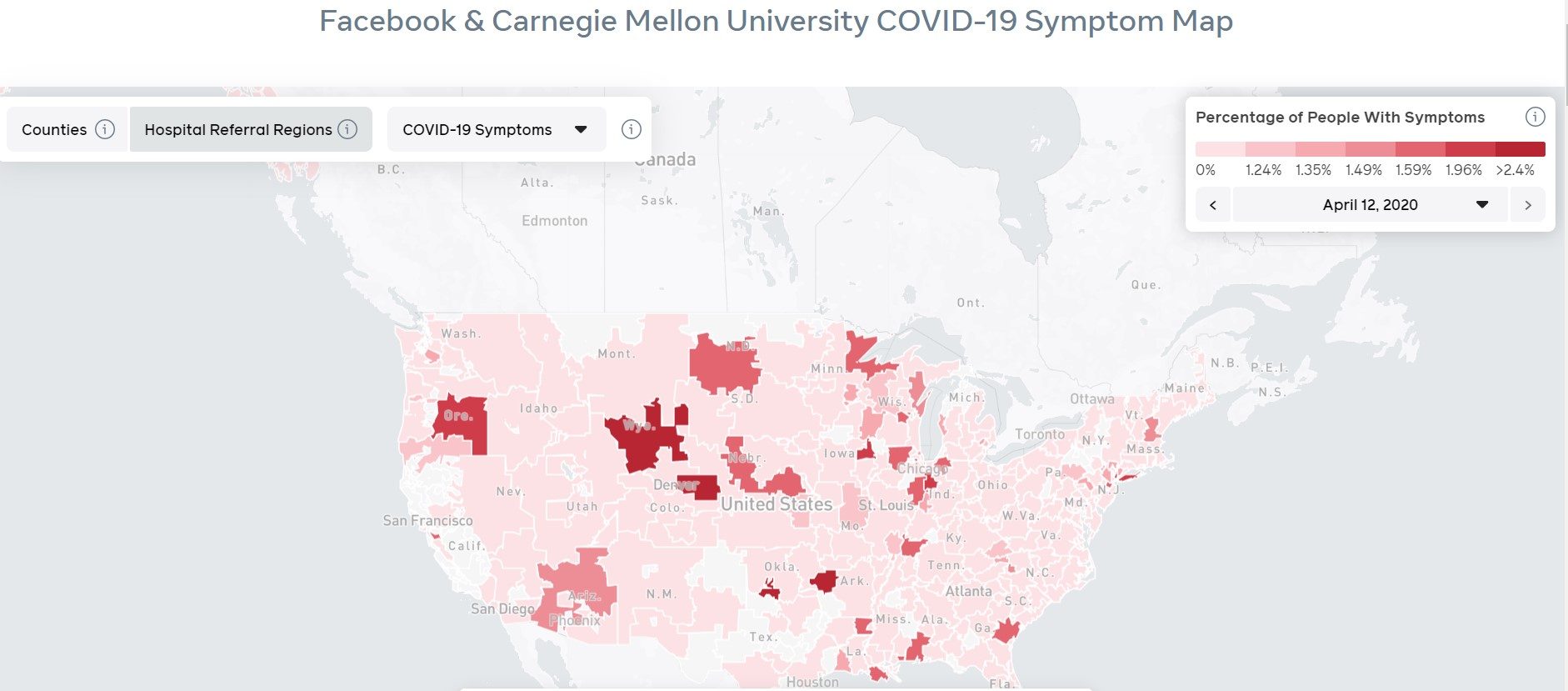 Facebook has an interactive map tracking people who say they are exhibiting coronavirus symptoms across the U.S.