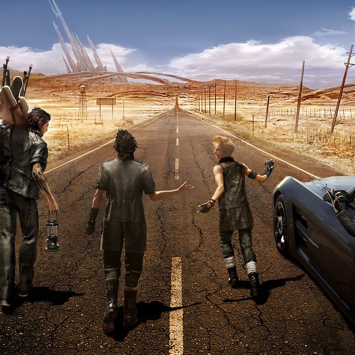 Final Fantasy XV's cast walks down a road.