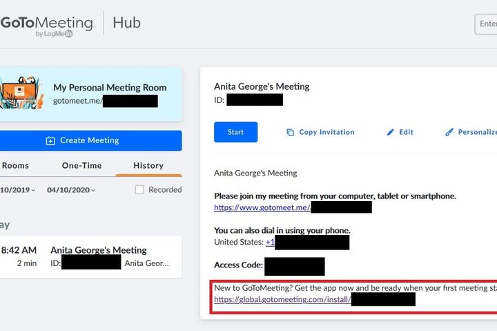 GoToMeeting Hub page screenshot