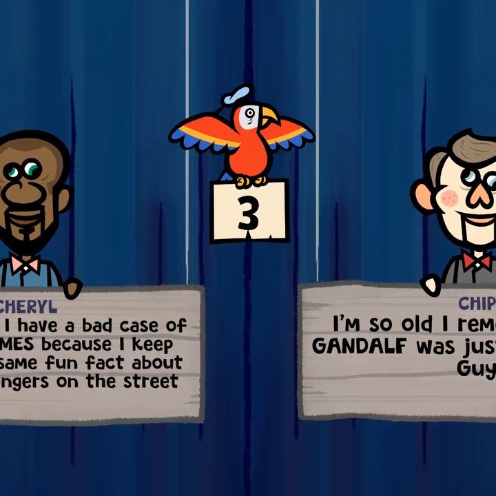 Two puppets holding signs.