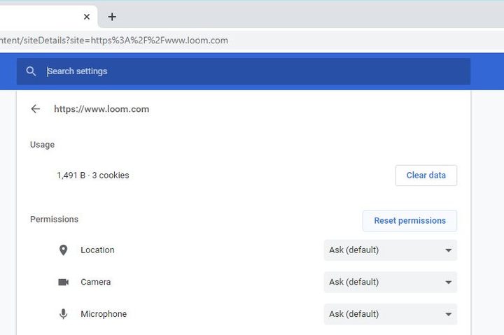 Image of Google Chrome Camera and Microphone settings.