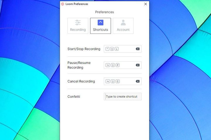 Image of Loom Shortcuts menu.