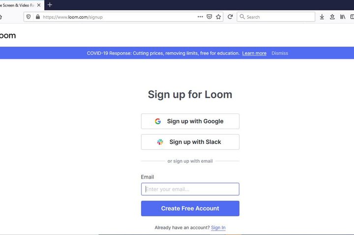 Image of Loom Signup page.