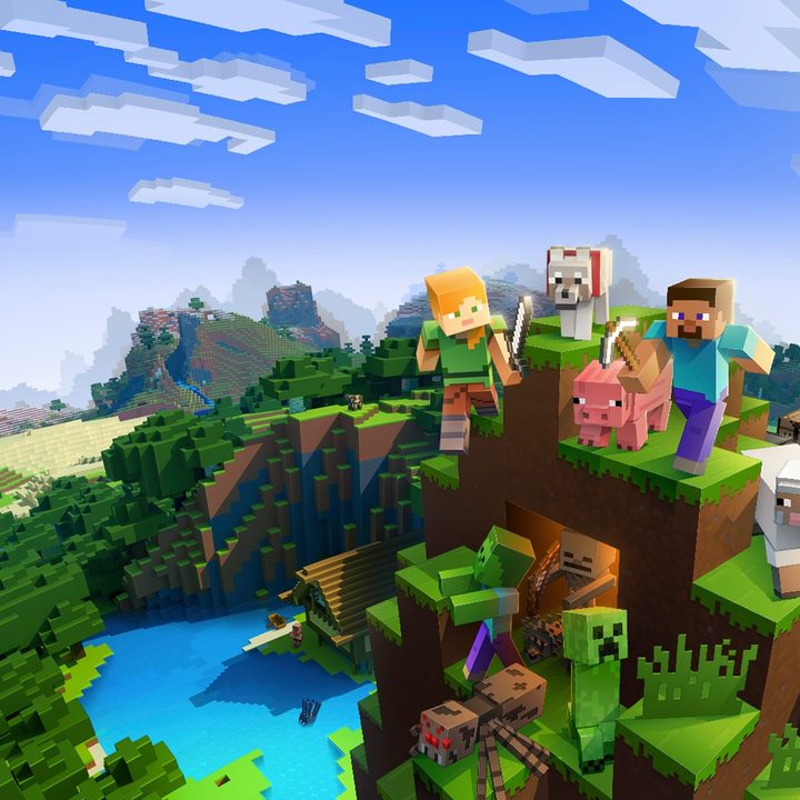 Minecraft players on top of mountain a pig, a sheep and a wolf