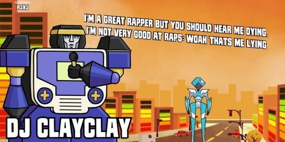 A robot DJ standing in a city.