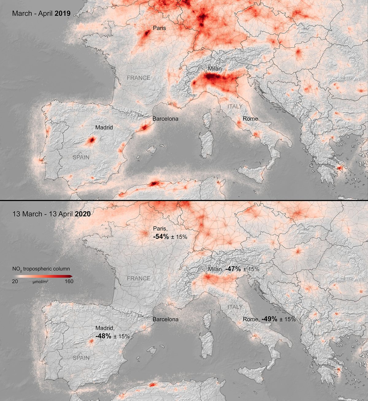 Nitrogen dioxide comparison map of Europe