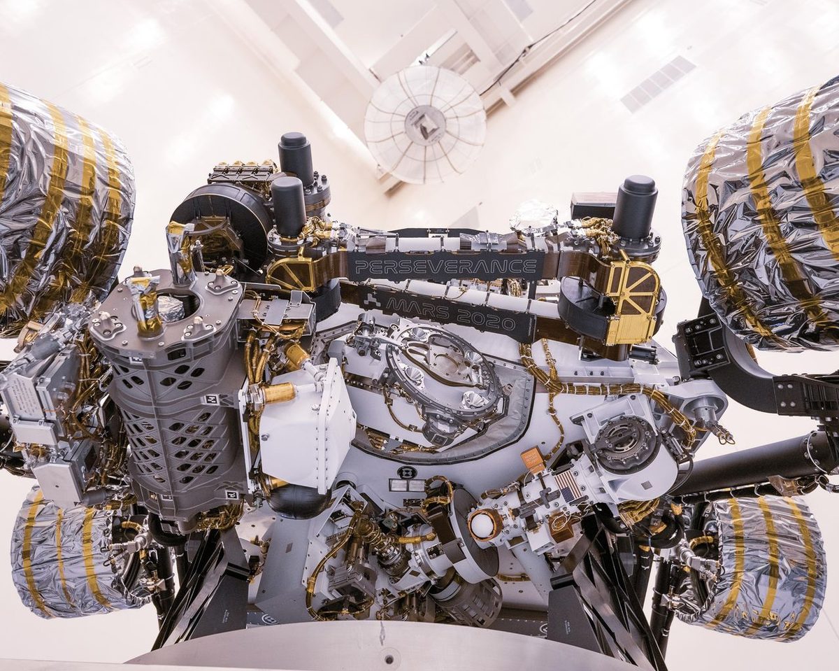 This image of the Perseverance Mars rover was taken at NASA's Kennedy Space Center on April 7, 2020, during a test of the vehicle's mass properties.