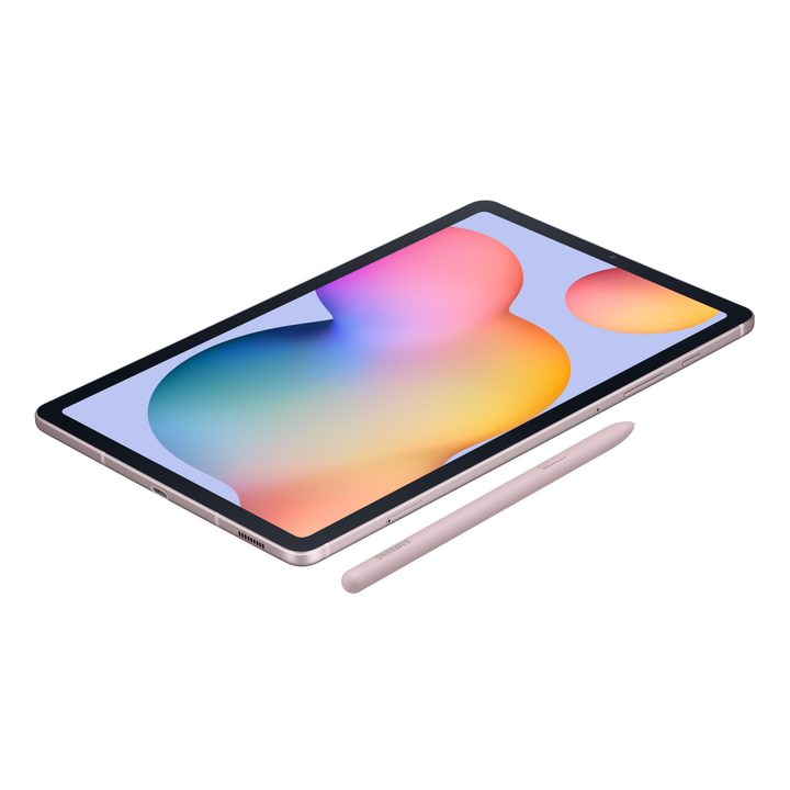 The Samsung Galaxy Tab S6 Lite flat on a white background with its S Pen next to it.