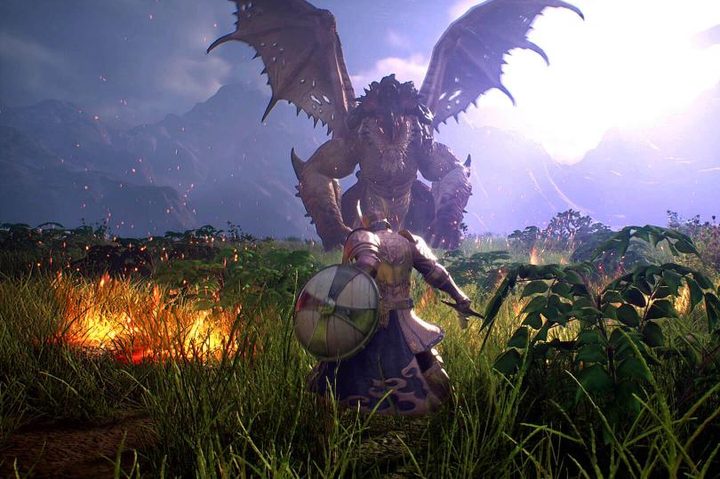 A player stands down a dragon in Bless Unleashed