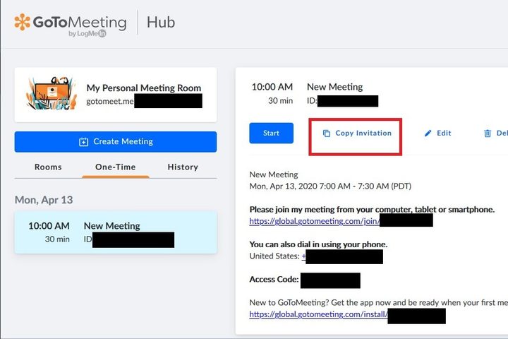 GoToMeeting Copy Invitation screenshot