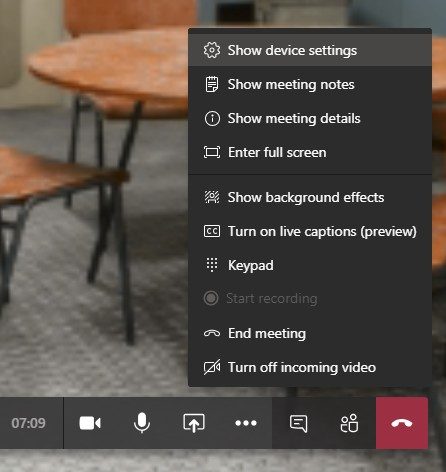 Changing background effects during a Microsoft Teams meeting.