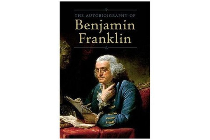 Photo shows a picture of Benjamin Franklin wearing glasses and reading papers, with the book title in a large font above