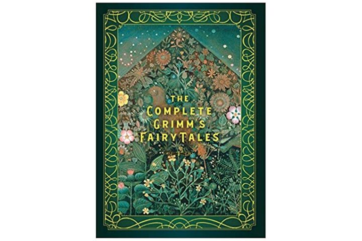 Photo shows the cover of The Complete Grimm's Fairy Tales. It's a deep green with gold lettering for the title and a background of trees, leaves, and flowers