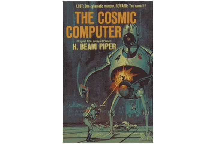 Photo shows the cover of the book, with a blue background and orange text for the book title and author name, and an illlustration of a robot and a soldier shooting it with a laser gun