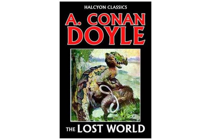 Photo shows the cover of The Lost World, with the title written in a white font and the author's name in large red letters on a black background. There's also a picture of some kind of fierce looking dinosaur.