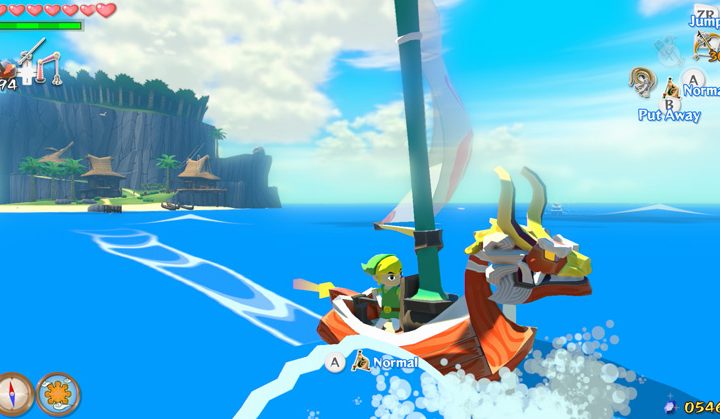 Link sails on his ship in The Legend of Zelda: Wind Waker.