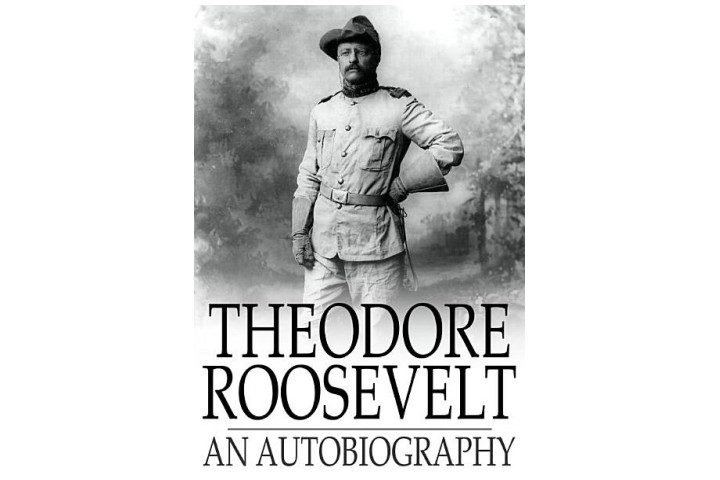 The book cover shows a black and white picture of Theodore Roosevelt, with the book title in large font beneath