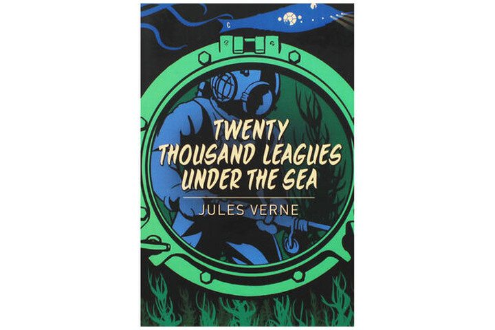Photo shows the book cover with a green porthole window on a darker background. Through the window you can see a figure in a diving suit in blue, and there's white text with the book's title and author name